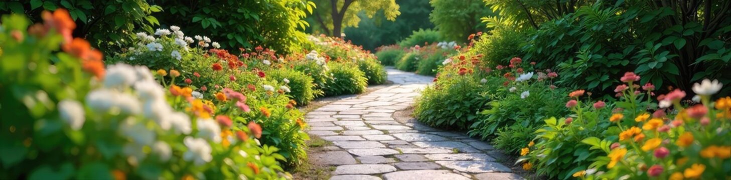 A winding garden pathway, paved with natural stone, meanders through lush greenery and vibrant flowers, leading to a tranquil destination ,  vibrant colors,  natural beauty
