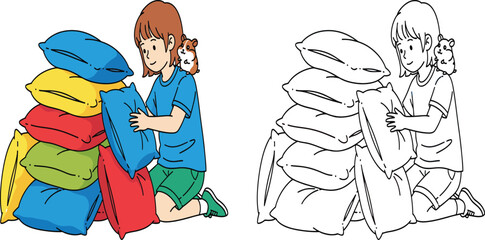 Happy Girl and Hamster Building a Pillow Fort with Colorful Cushions, a Playful Childhood Scene.