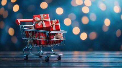 A shopping cart filled with red gift boxes on a blue bokeh background.