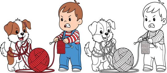Mischievous Puppy Unraveling Yarn While Boy Knits - Humorous Cartoon Vector!