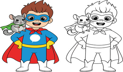 Little Superhero Boy with His Chinchilla Sidekick - Dynamic Cartoon Vector Illustration!