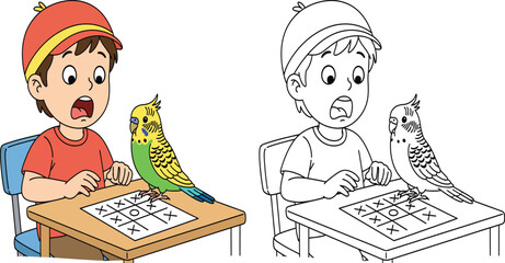 Surprised Boy Losing Tic-Tac-Toe to a Clever Budgerigar, a Humorous and Playful Pet Interaction.
