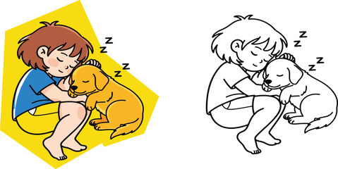 Sweet little boy sleeping peacefully with his puppy friend, adorable friendship and love illustration in colored and black-and-white version, perfect for kids coloring and learning art