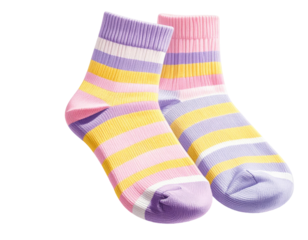 Two colorful striped socks, with shades of purple, yellow, and pink, on a black background
