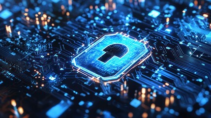 A blue and white circuit board with a security lock symbol in the center.