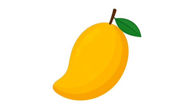 A vibrant yellow mango with a green leaf and stem, isolated on a white background.