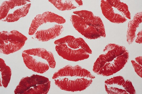 Red lipstick kiss prints creating a repeating pattern on a white background