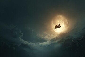 Witch silhouette flying on a broomstick against a full moon over misty mountains at night