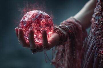 Woman's hand holding a glowing red magic orb, representing power and fantasy