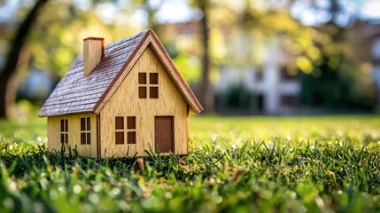 A small wooden house model on a grassy lawn with a blurred background of trees and houses.