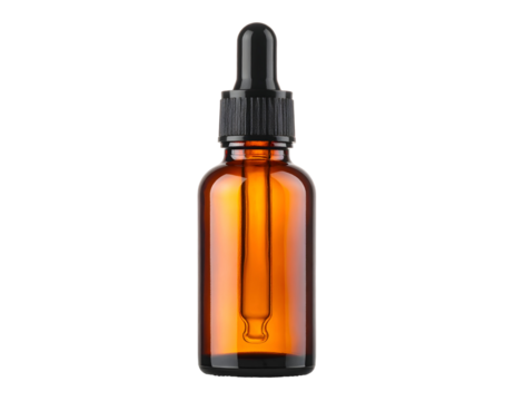 Amber glass dropper bottle. Isolated on transparent background