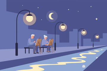 Elderly couple painting at night under streetlights enjoying a creative hobby in an urban setting