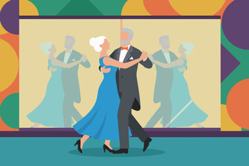 Elegant senior couple ballroom dancing with reflection active mature lifestyle concept