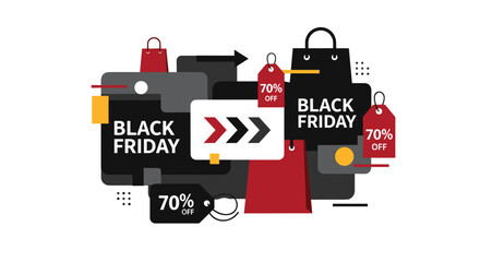 Black Friday Sale promotion graphic with shopping bags and 70 off discount tags