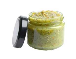 Green sauce in jar with black lid. Isolated on transparent background