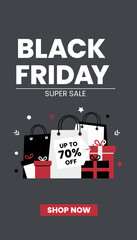 Black Friday Super Sale featuring shopping bags and gift boxes Great for ecommerce and retail promotions