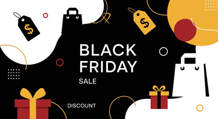Black Friday Sale promotion banner with shopping icons and abstract shapes