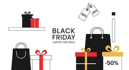 Black Friday Limited Time Deals illustration with shopping bags and gift boxes