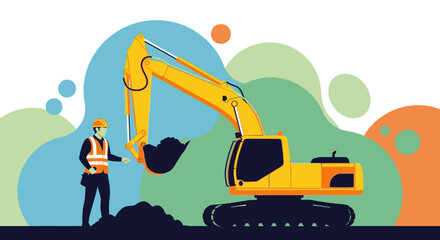Construction worker supervising excavator operations on a job site Industry development safety