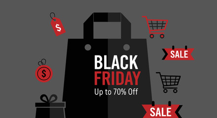 Black Friday discount banner with shopping bag and sale icons Retail promotion up to 70 off