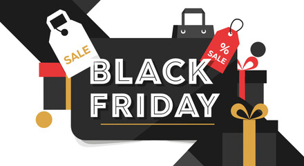 Black Friday sale banner with shopping bags and discount tags illustration