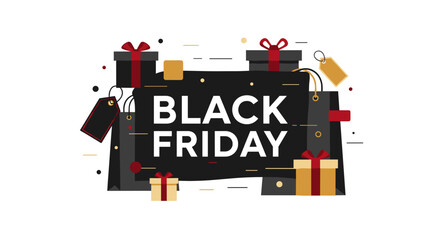 Black Friday sale banner with shopping bags gift boxes and price tags illustration