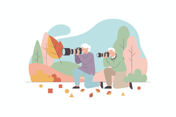 Senior couple enjoying nature photography in a vibrant park