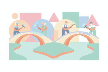 Active seniors painting bridges over a river symbolizing teamwork renovation and community involvement