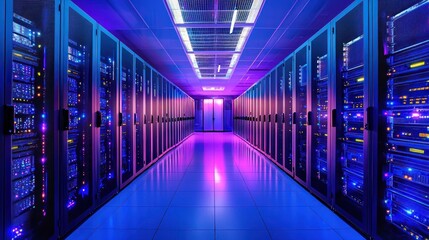 A server room with multiple servers and a blue and purple light ambiance.
