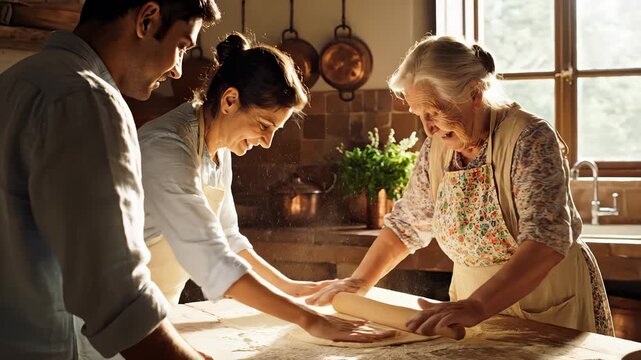 Grandmother Teaching Family to Bake Dough in Rustic Kitchen