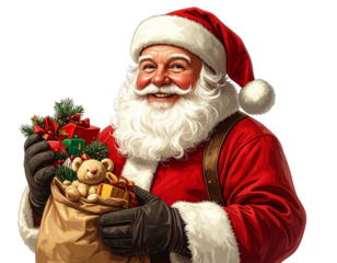 Firefly_Chic wicker hanging egg chair with cozy white cushions showcased against a transparen - Firefly_A cheerful, nostalgic Santa Claus holding a sack of toys and wearing a classic red su