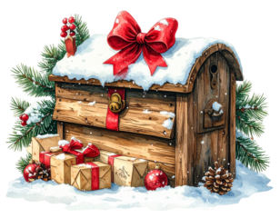 Firefly_Chic wicker hanging egg chair with cozy white cushions showcased against a transparen - Firefly_A festively decorated, antique wooden mailbox overflowing with snow-covered letters a  (3)