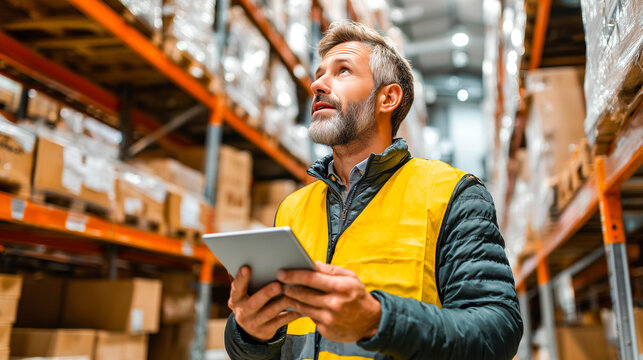 Warehouse manager using digital tablet checking inventory