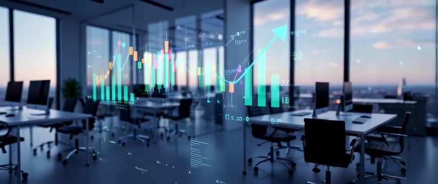 Futuristic office with holographic financial charts, economic growth and global business data - Powered by Adobe