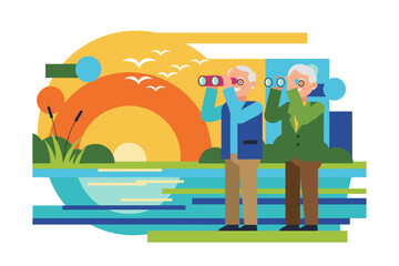 Smiling senior couple birdwatching by a lake at sunset enjoying nature and leisure