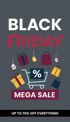 Black Friday Mega Sale graphic with shopping cart gift boxes and discount tags Retail promotion