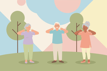 Diverse seniors exercising outdoors promoting healthy aging and an active lifestyle