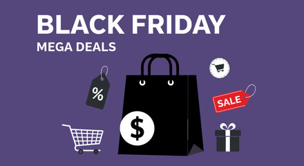 Black Friday mega deals banner with shopping bag discount tags and cart on a purple background