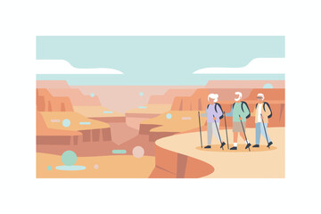 Active seniors hiking through a vast desert canyon enjoying nature and healthy lifestyle together