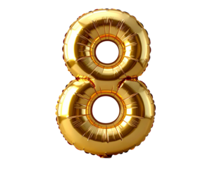 3d rendering of a golden number eight balloon floating on transparent background, per