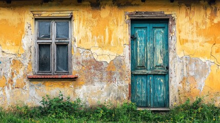 An old, yellow, weathered building with a green door and window, surrounded by greenery and vegetation.