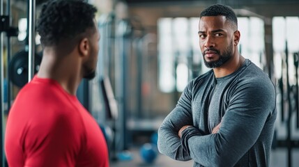 Two men in a gym, one in a red shirt and the other in a gray shirt, discussing in front of exercise equipment.