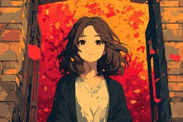 Young woman stands at a doorway with falling leaves against a colorful autumn background during sunset evening