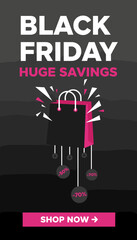 Black Friday huge savings promotion with shopping bag and discount percentages Ideal for retail marketing