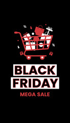 Black Friday Mega Sale banner with shopping cart gifts and discount symbols for promotions