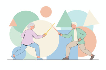 Elderly couple fencing actively enjoying life Concept of healthy aging challenge and vitality