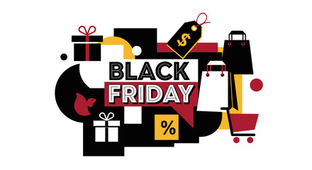Black Friday sale banner graphic featuring abstract shapes shopping bags and discount symbols