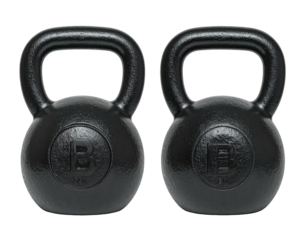 Two black cast iron weights with handles for fitness training