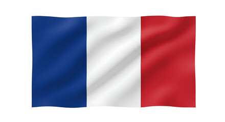A waving french flag with blue white and red vertical stripes on a plain white background image view