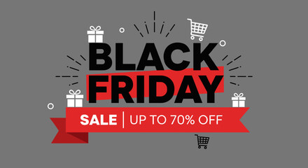 Black Friday Sale banner offering up to 70 off Commercial shopping event vector graphic